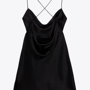 NWOT Zara Black Satin Slip Dress Cowl Neck Backless Small LBD Dinner Sexy Outfit